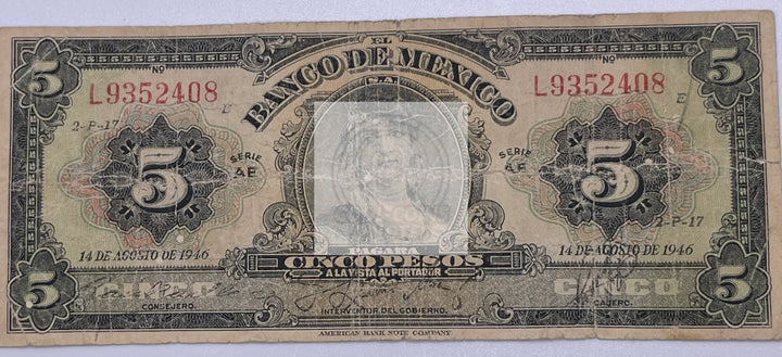 Mexico: $5 Pesos 1946 Banco de Mexico Circulated - Cool Coins & Notes