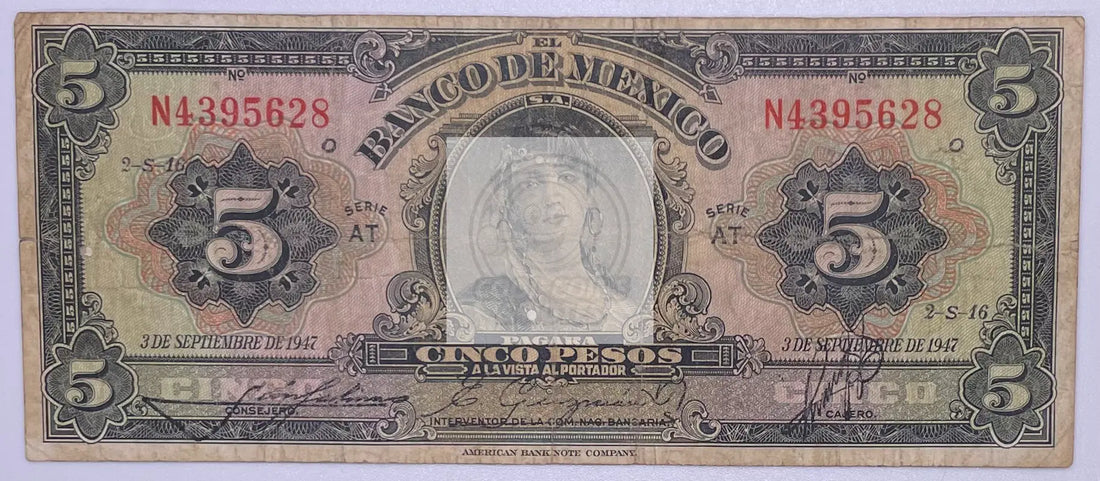 Mexico: $5 Pesos La Gitana 3 de Sep, 1947 Banco de Mexico Circulated Note. - Cool Coins & Notes