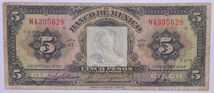 Mexico: $5 Pesos La Gitana 3 de Sep, 1947 Banco de Mexico Circulated Note. - Cool Coins & Notes