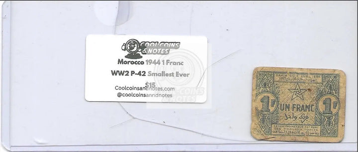 Morocco/French West Africa 1944 1 Franc WW2 P-42 smallest banknote with blue and orange design
