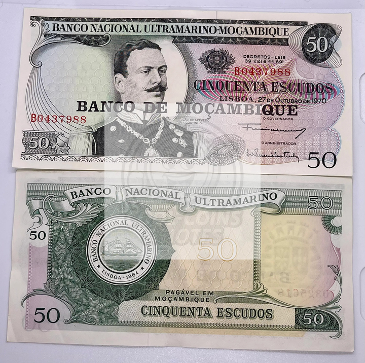 Mozambique 50 Escudos 1970 P116 vintage banknote with national heroes and intricate patterns
