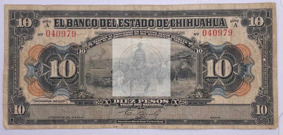 ND 1913 Mexico Chihuahua 10 Pesos Series A Banknote - Cool Coins & Notes