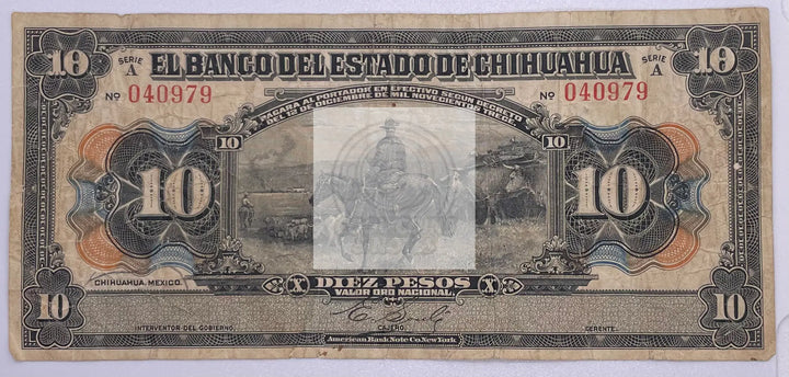 ND 1913 Mexico Chihuahua 10 Pesos Series A Banknote - Cool Coins & Notes