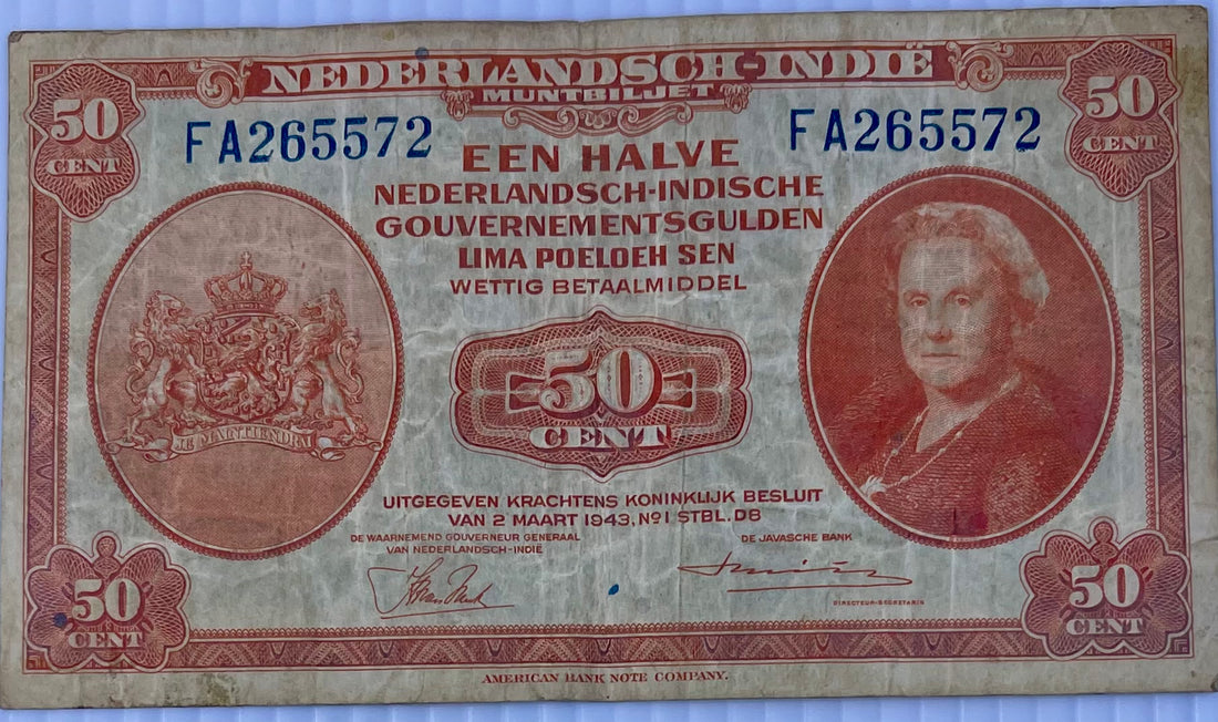 Netherland Indies 1943 50 Cents P-110 Used World Banknote - Cool Coins & Notes