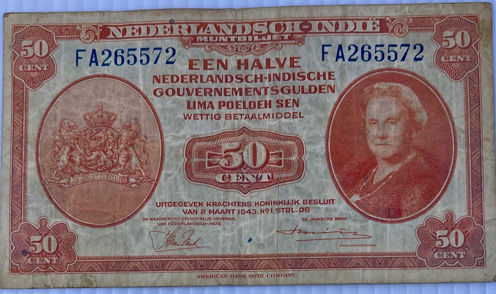 Netherland Indies 1943 50 Cents P-110 Used World Banknote - Cool Coins & Notes