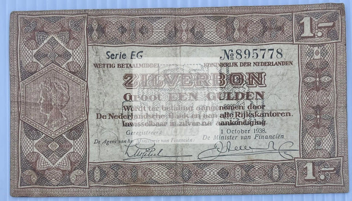 Netherlands 1938 1 Gulden P-61 Silver Cert WW2 Used World Banknote - Cool Coins & Notes