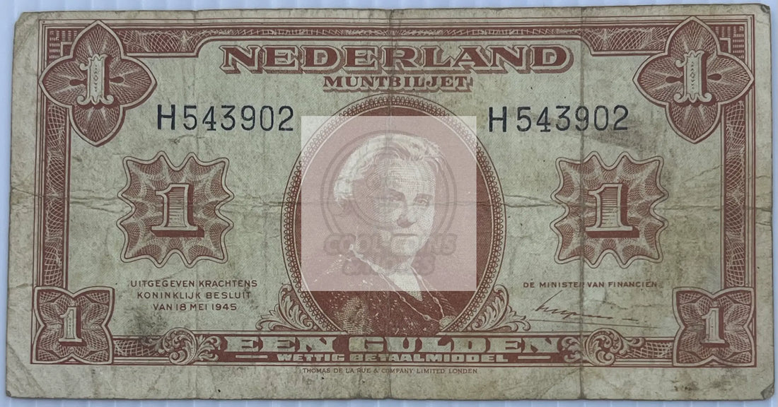 Netherlands 1945 1 Gulden P-64, Used World Banknote Currency - Cool Coins & Notes