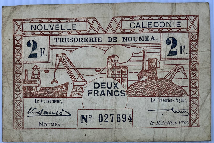 New Caledonia 1942 2 Francs P-53 WW2 Used Banknote - Cool Coins & Notes