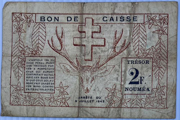 New Caledonia 1942 2 Francs P-53 WW2 Used Banknote - Cool Coins & Notes