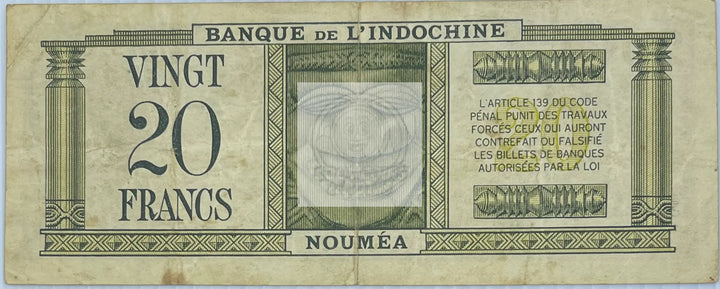 New Caledonia P-49 20 Francs 1944, Used World Banknote - Cool Coins & Notes