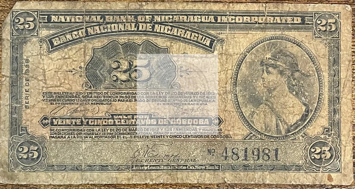 Nicaragua 1938 25 Centavos P-88s Used World Banknote Currency - Cool Coins & Notes