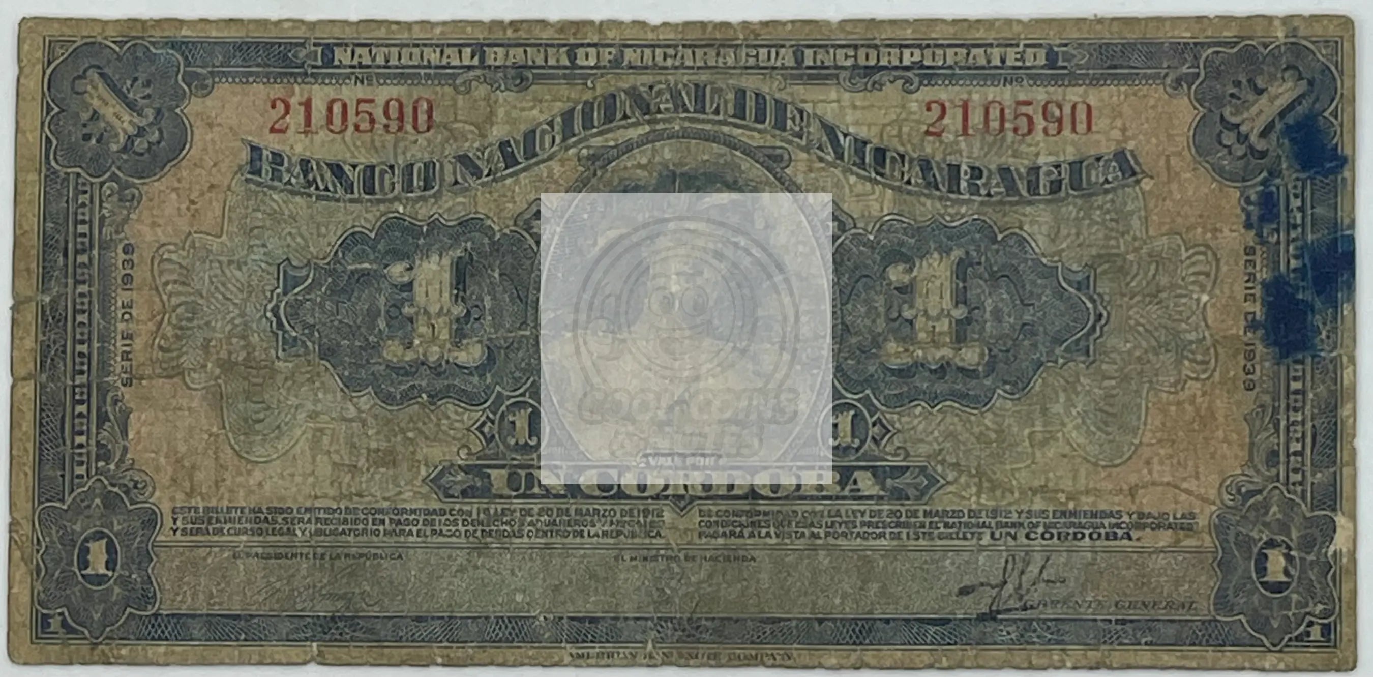 Nicaragua 1939 1 Cordoba P-63b.2, Used World Banknote - Cool Coins & Notes