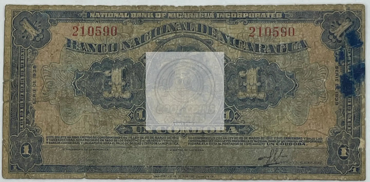 Nicaragua 1939 1 Cordoba P-63b.2, Used World Banknote - Cool Coins & Notes