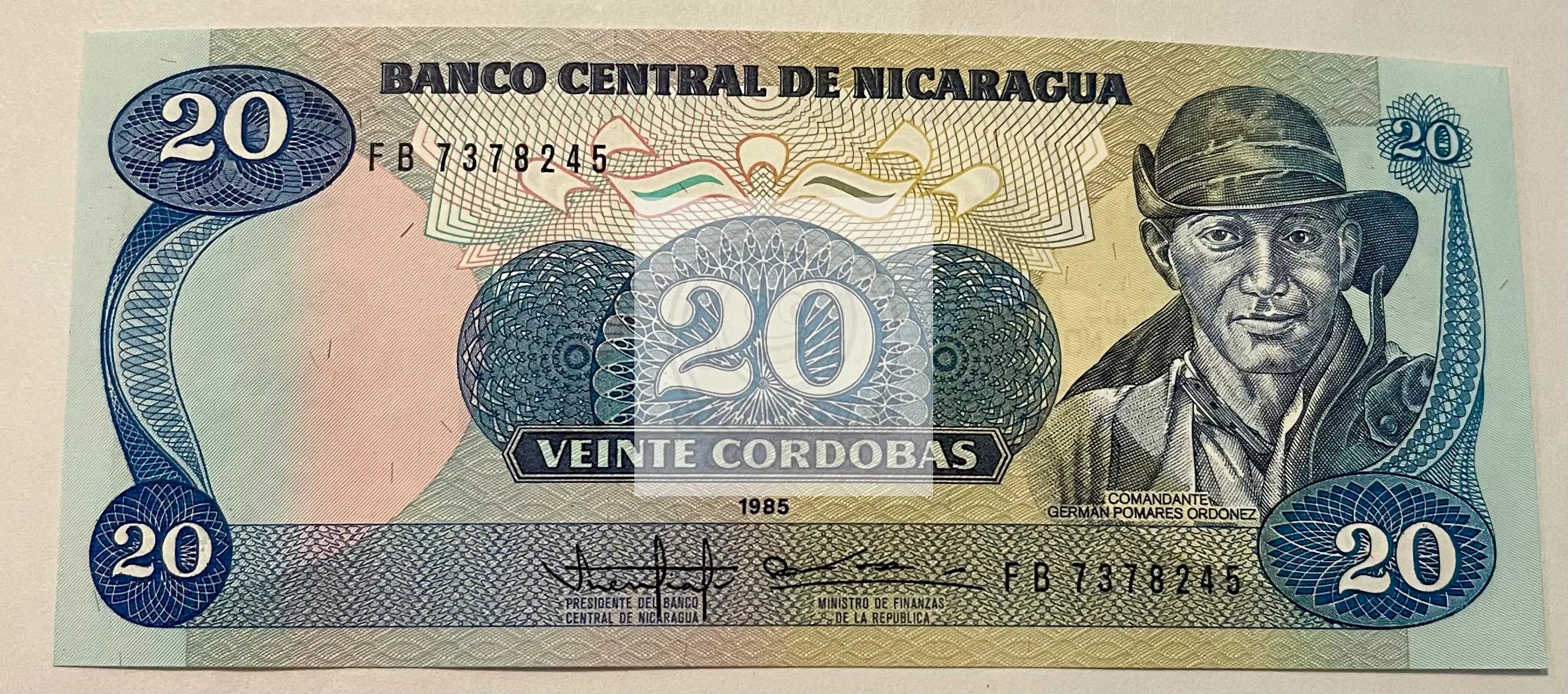 Nicaragua 20 Cordobas 1985 banknote P-152 detailed design and cultural symbols