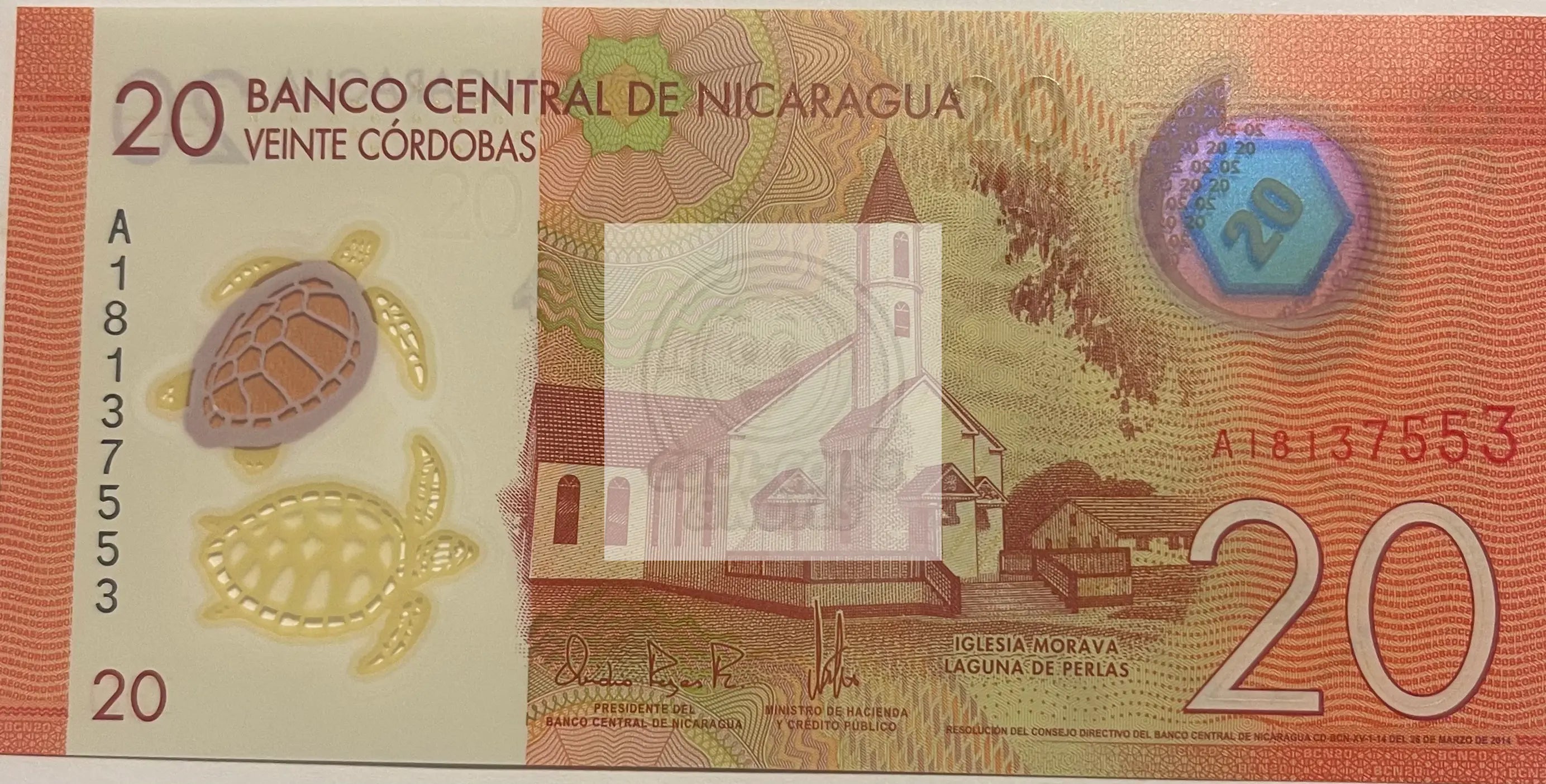 Nicaragua 2014 20 Cordobas P-210 UNC Turtle Polymer World Banknote - Cool Coins & Notes