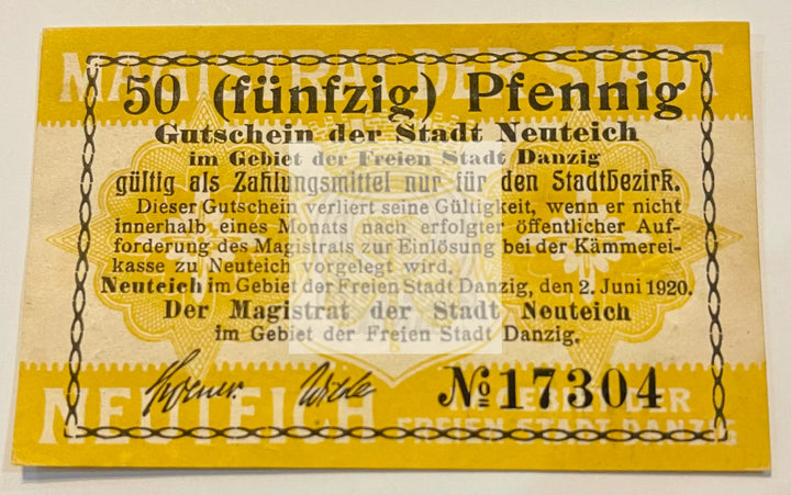 Notgeld Neuteich Danzig 50 Pfennig 1920 Germany UNC - Cool Coins & Notes