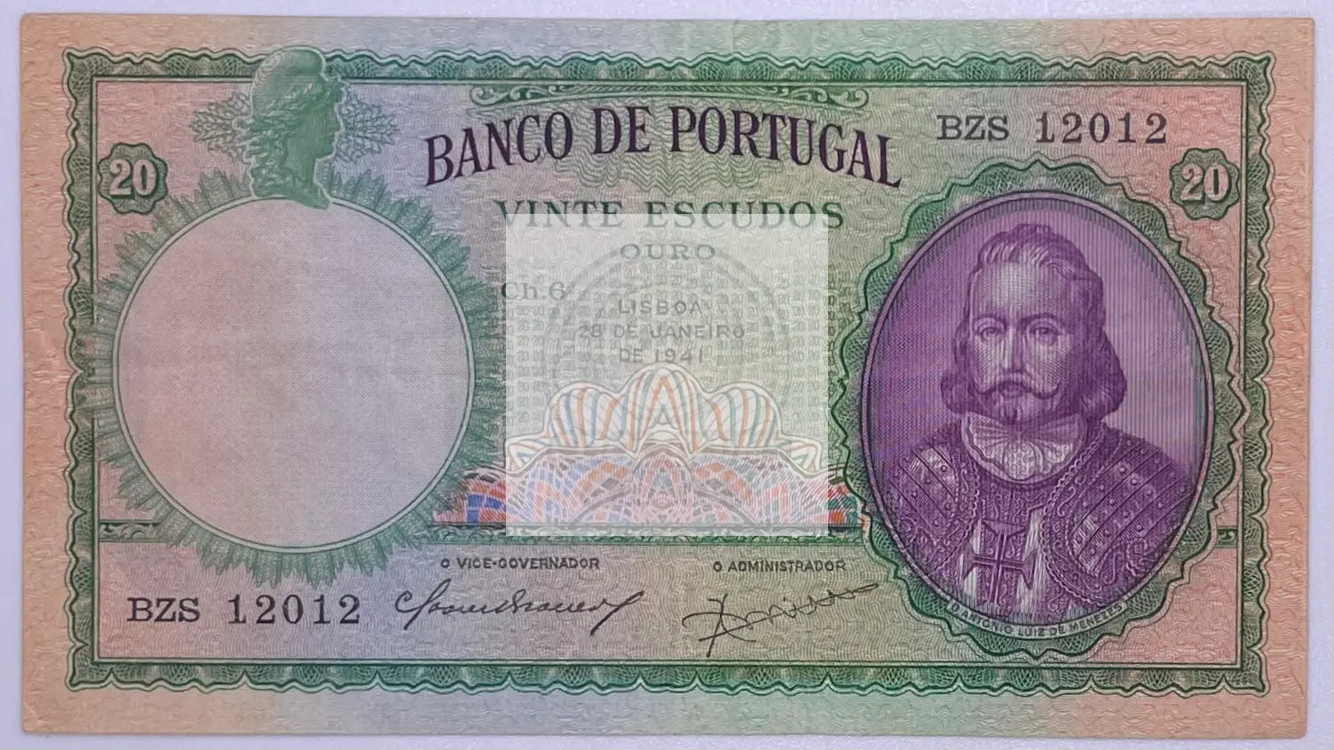 PORTUGAL 20 Escudos 1941 P-153 Used RARE DATE Banknote - Cool Coins & Notes
