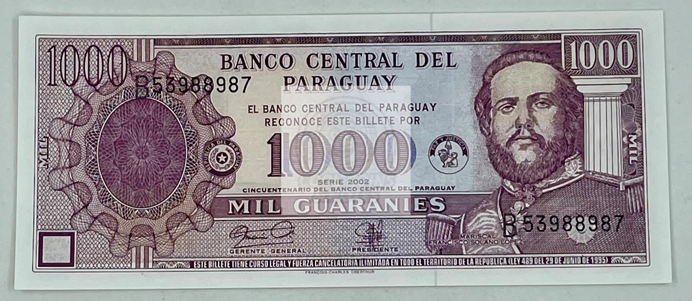 Paraguay 1000 Guarani P-221 2002 commemorative banknote with national symbols and cultural motifs