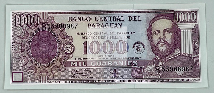 Paraguay 1000 Guarani P-221 2002 commemorative banknote with national symbols and cultural motifs
