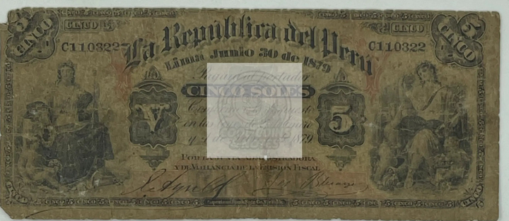 1879 Peru 5 Soles P-3 banknote with intricate engravings and historic design