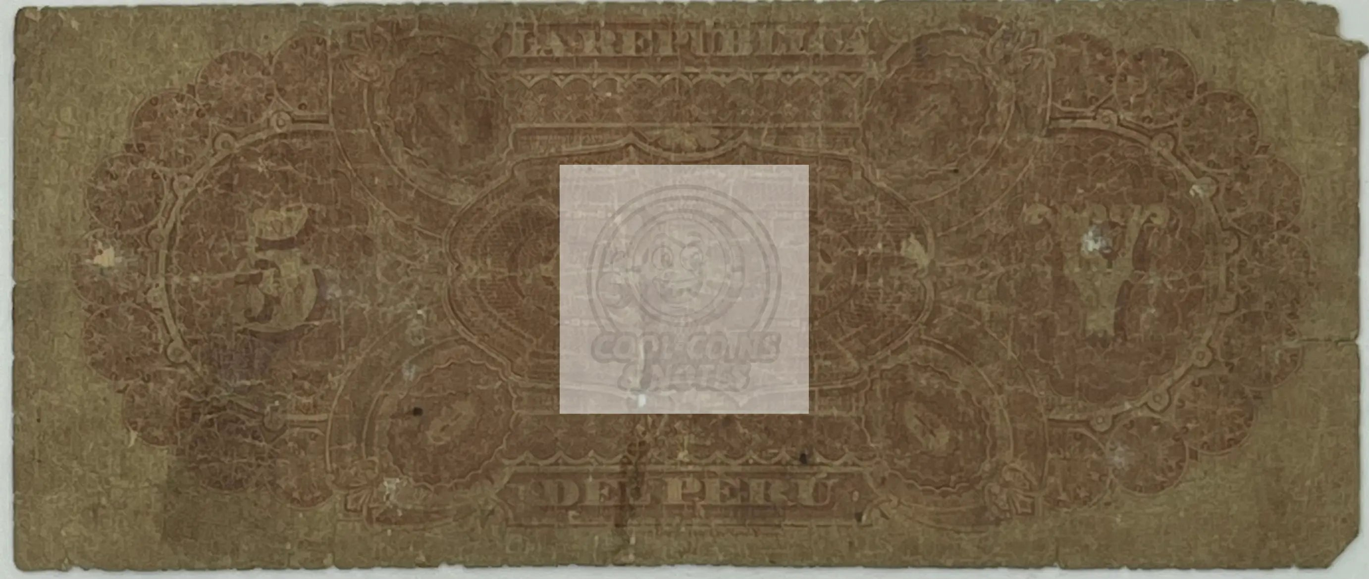 1879 Peru 5 Soles banknote P-3 with intricate engravings and portrait, used collectible currency from Peru