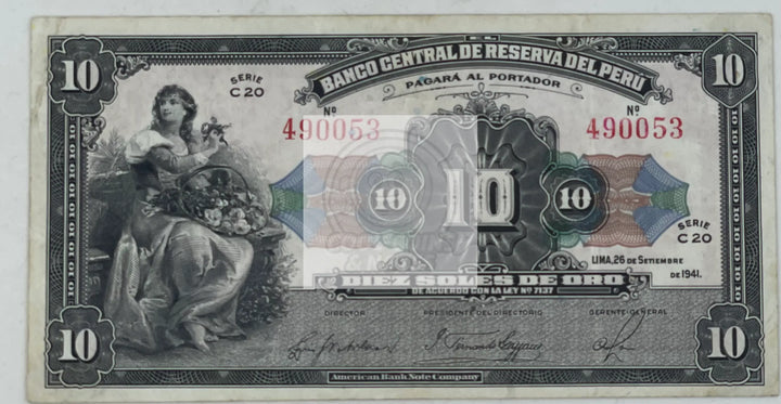 Peru 1941 10 Soles de Oro P-67Aa.1, Used World Banknote - Cool Coins & Notes