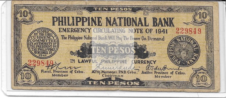 Philippines 1941 10 Pesos P-S217b.1 Used Banknote - Cool Coins & Notes