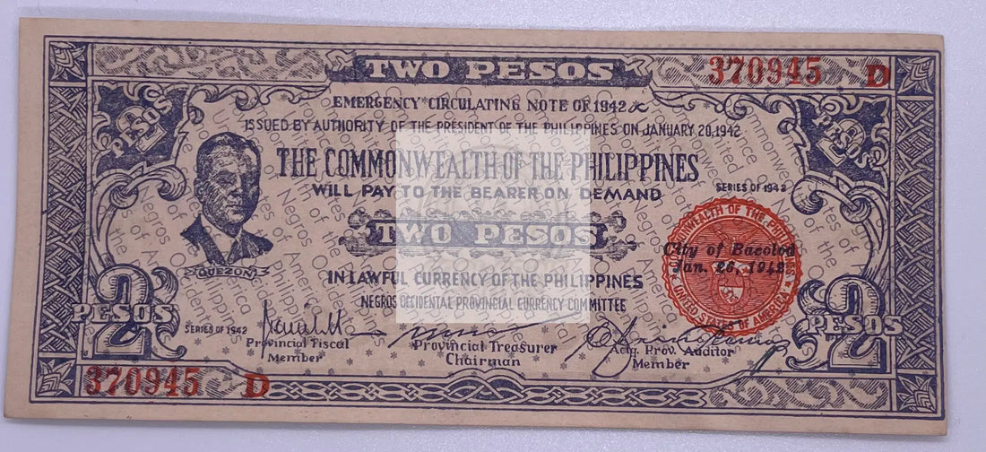 Philippines 1942 WW2 Emergency Two Pesos UNC Banknote - Cool Coins & Notes