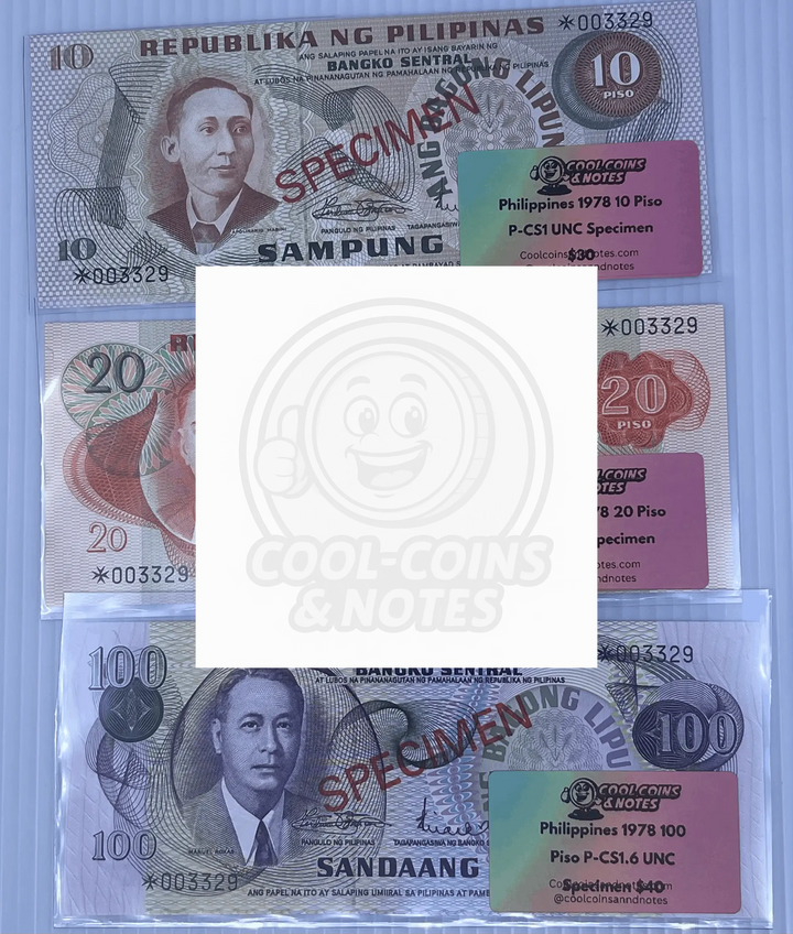 Philippines 1978 100, 20, 10 Peso Specimen P-CS1