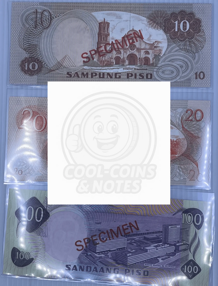 Philippines 1978 100, 20, 10 Peso Specimen P-CS1