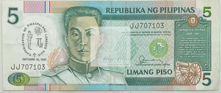 1987 Philippines 5 Piso banknote featuring St. Lorenzo Ruiz and Binondo Church commemorating canonization
