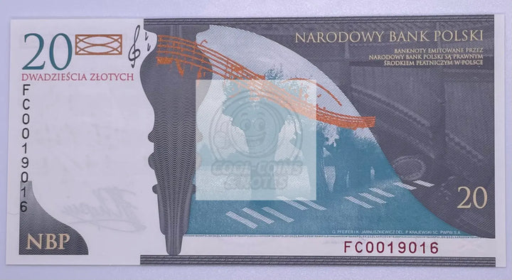 Poland 20 Zloty 2010 Commemorative Chopin UNC P-181, Banknote - Cool Coins & Notes