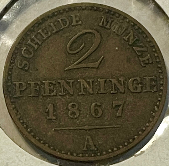 Prussia 1867 A 2 Pfennig Copper Coin KM#481