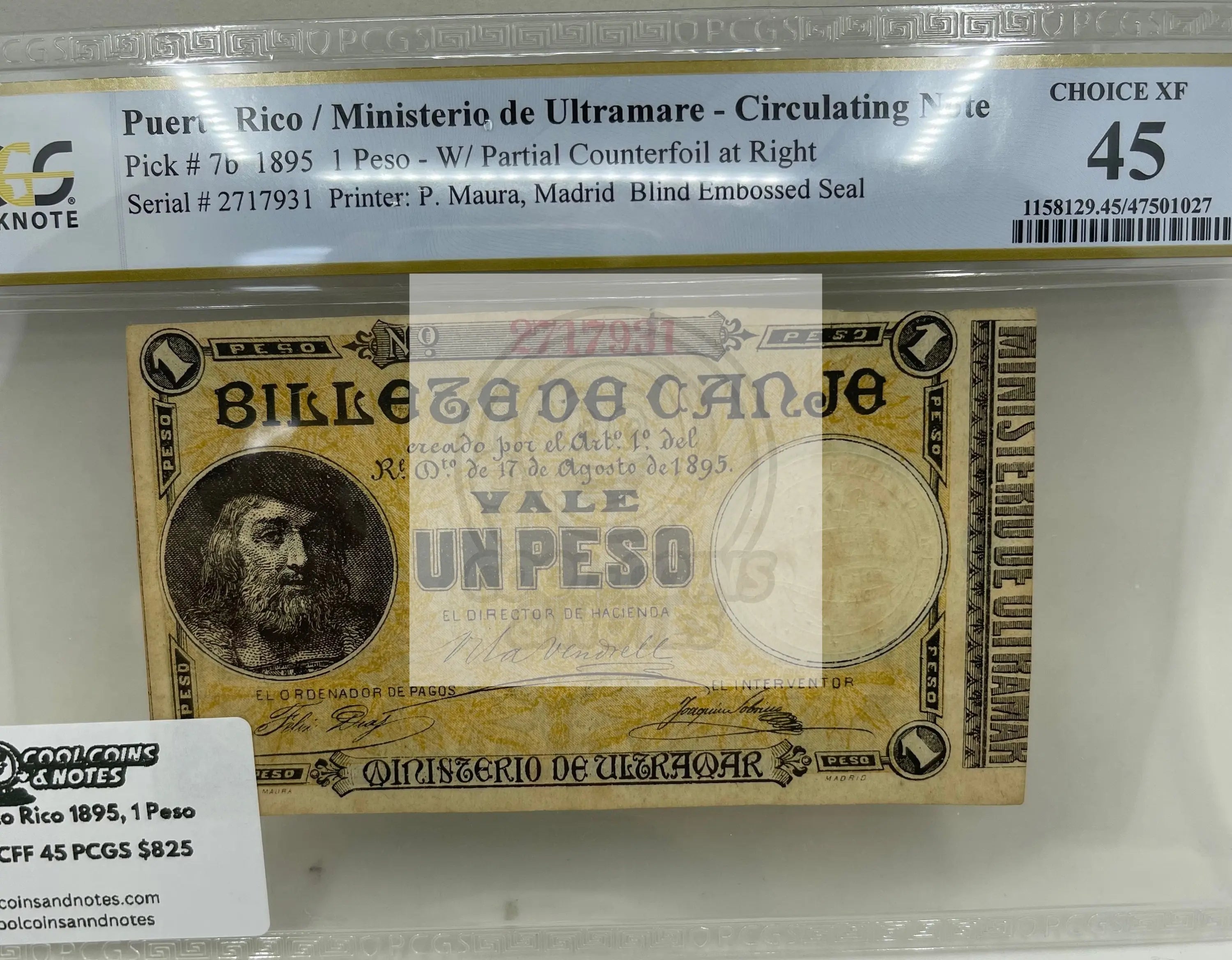 Puerto Rico /Ministerio de Ultramare 1895 1 Peso P7b PCGS CXF 45 World Banknote - Cool Coins & Notes
