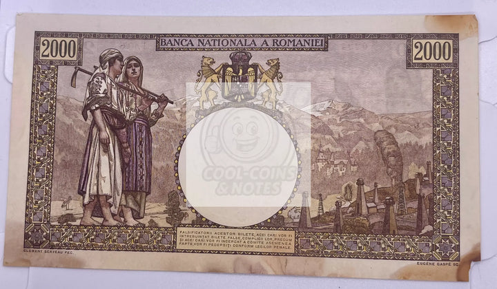 ROMANIA 2000 LEI 1943 P 54. HUGE NOTE. - Cool Coins & Notes