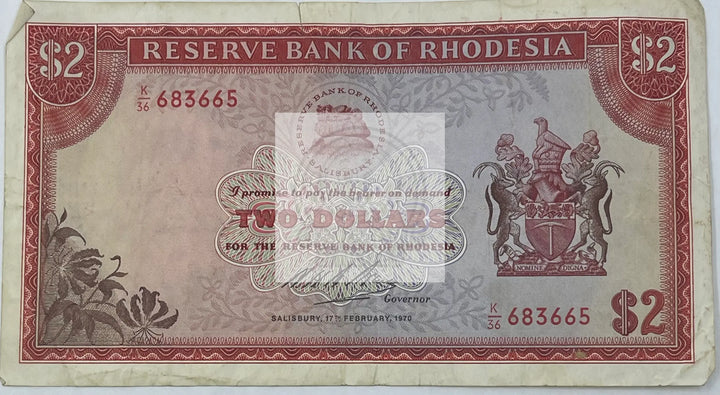 Rhodesia 1970 2 Dollars P-31a Victoria Falls, Used World Banknote Currency - Cool Coins & Notes