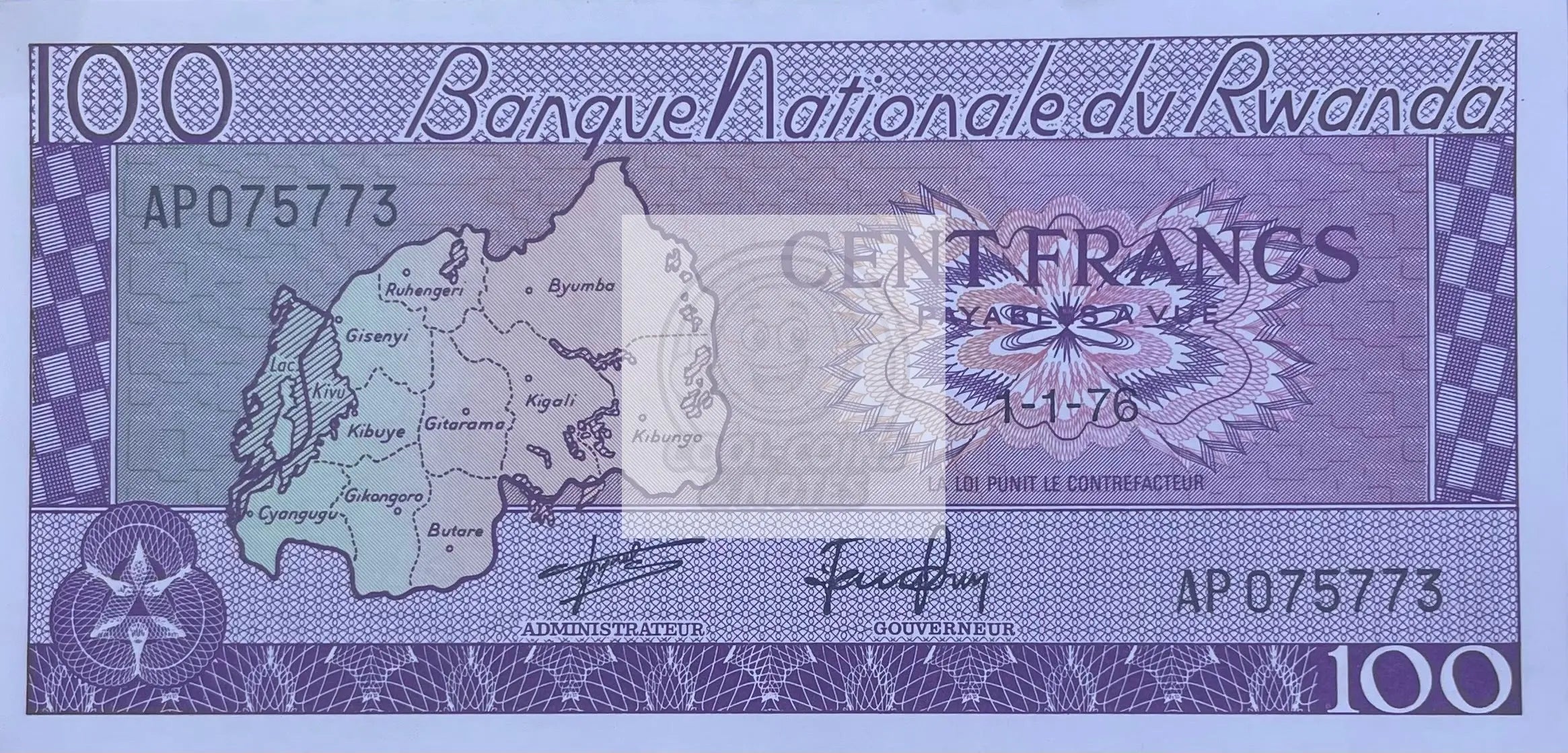 Rwanda 100 Francs 1976 banknote featuring traditional Rwandan women and farmers in UNC condition