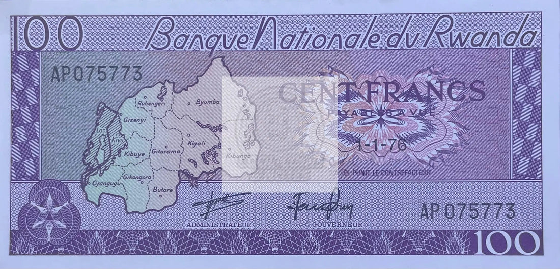 Rwanda 100 Francs 1976 banknote featuring traditional Rwandan women and farmers in UNC condition