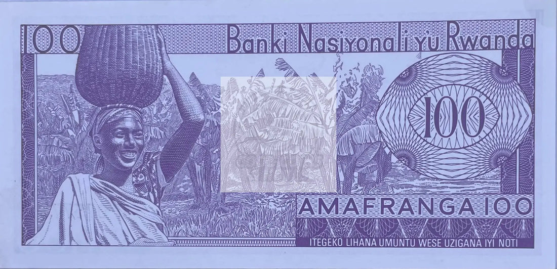 Rwanda 100 Francs 1976 banknote with traditional Rwandan women portrait and farmers scene in UNC condition