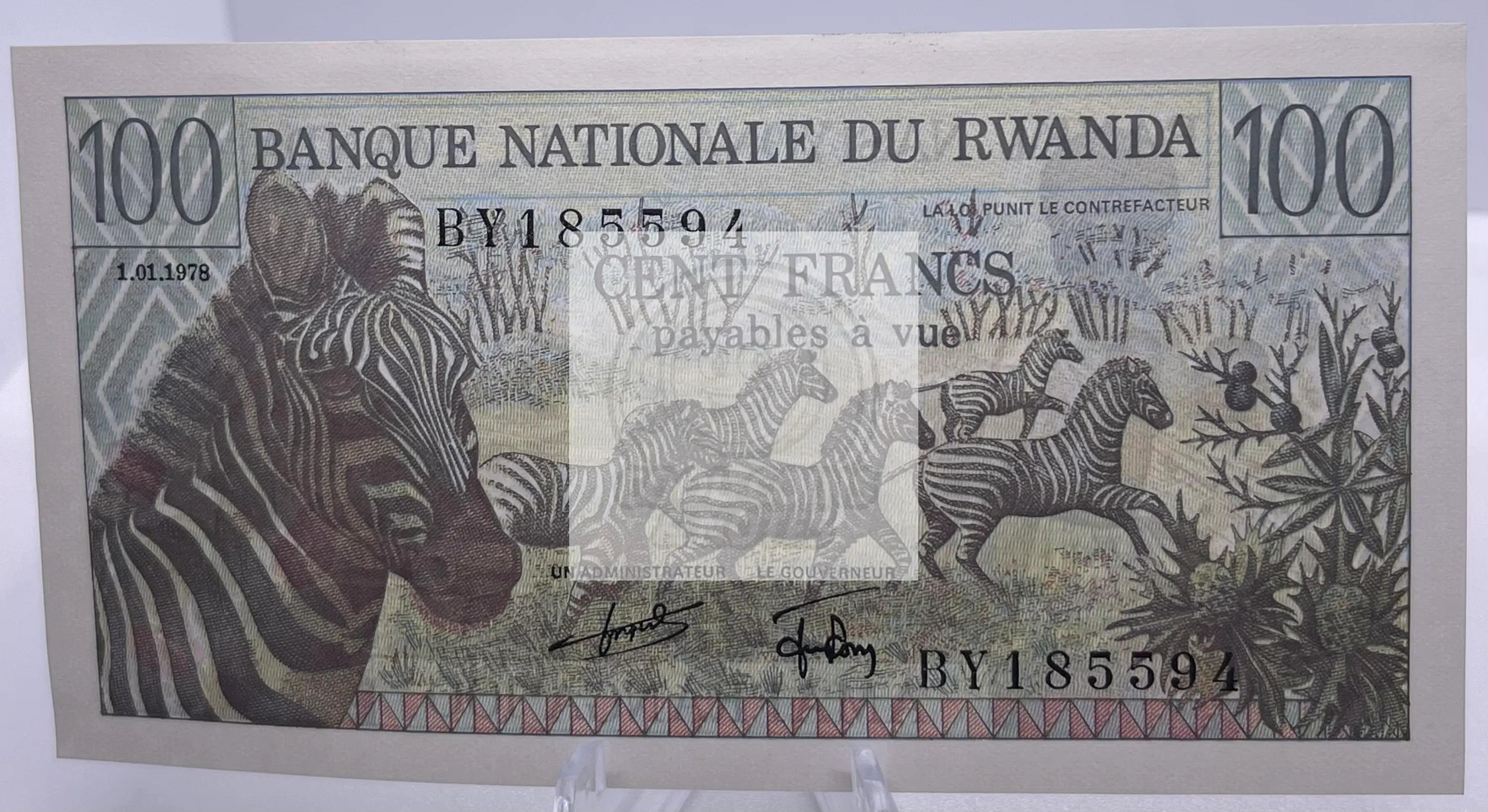 Rwanda 1978 100 Francs Zebra P12 UNC Banknote - Cool Coins & Notes