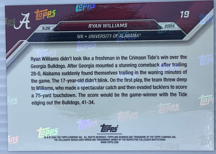 Ryan Williams - 2024 Bowman U NOW® Football Card 19 Alabama - Cool Coins & Notes
