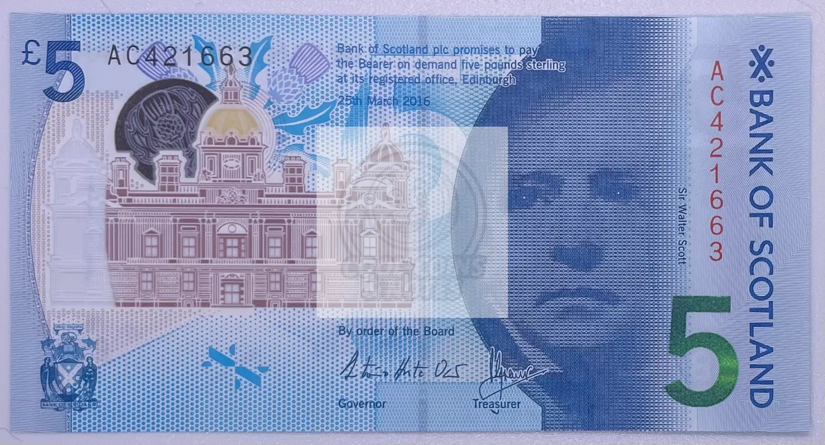 Scotland 5 pounds (2016) P-130, UNC Polymer Banknote - Bank of Scotland - Cool Coins & Notes
