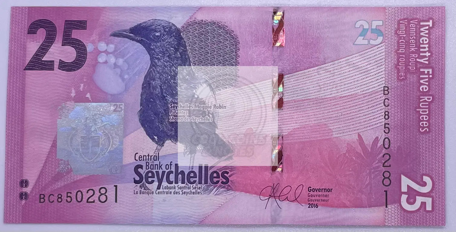 Seychelles 25 rupees 2016 banknote featuring birds and tropical fish in UNC condition