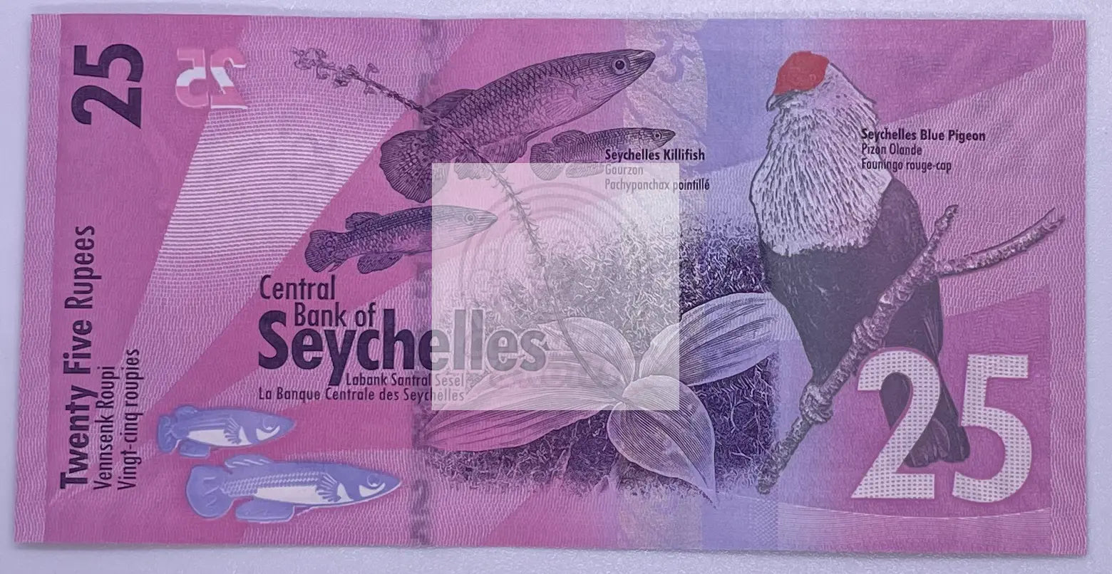 Seychelles 25 rupees 2016 banknote featuring native birds and tropical fish in vibrant UNC condition