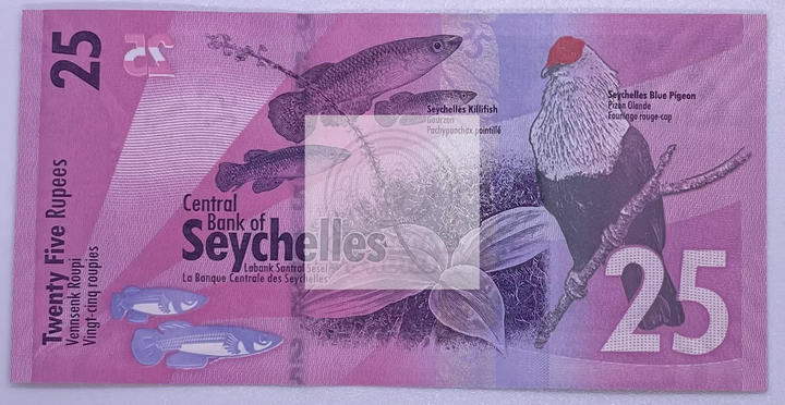 Seychelles 25 rupees 2016 banknote featuring native birds and tropical fish in vibrant UNC condition