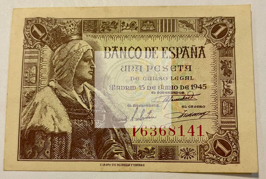 Spain 1945 1 Peseta P128a.2 AU, Banknote - Cool Coins & Notes
