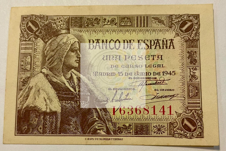 Spain 1945 1 Peseta P128a.2 AU, Banknote - Cool Coins & Notes