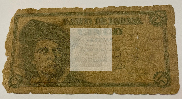 Spain 5 Pesetas 1948 P-136 used banknote with intricate Spanish historical designs