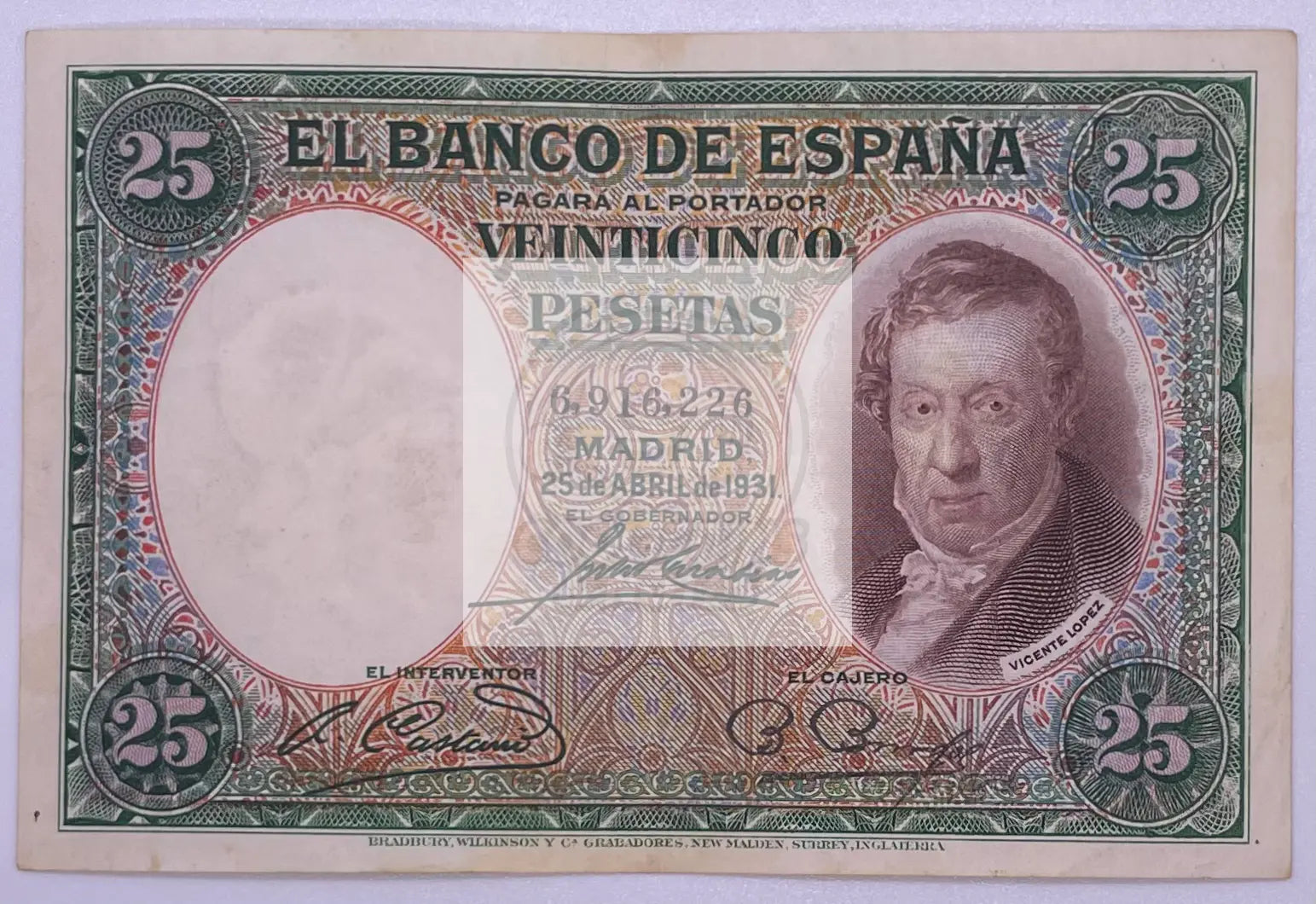 1931 Spain 25 Pesetas banknote featuring King Ferdinand VII portrait and intricate designs