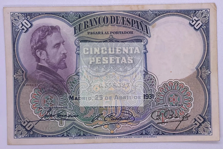 Spain 50 Pesetas banknote from 1931 featuring historic republican design and national symbols